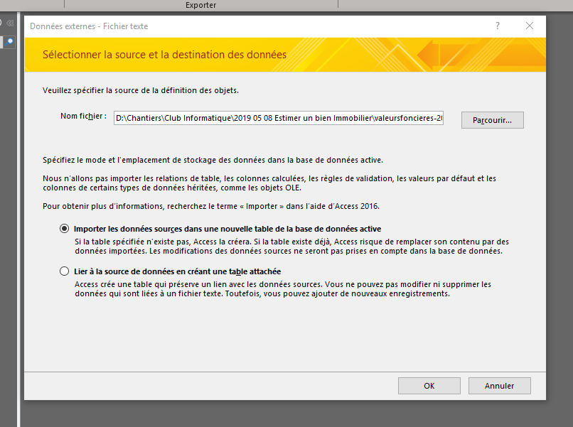 Importer (2) des données DVF dans Microsoft Access