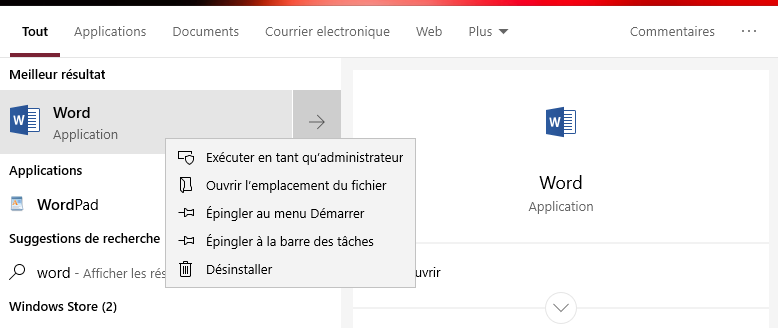 Rechercher une application pour le menu démarrer